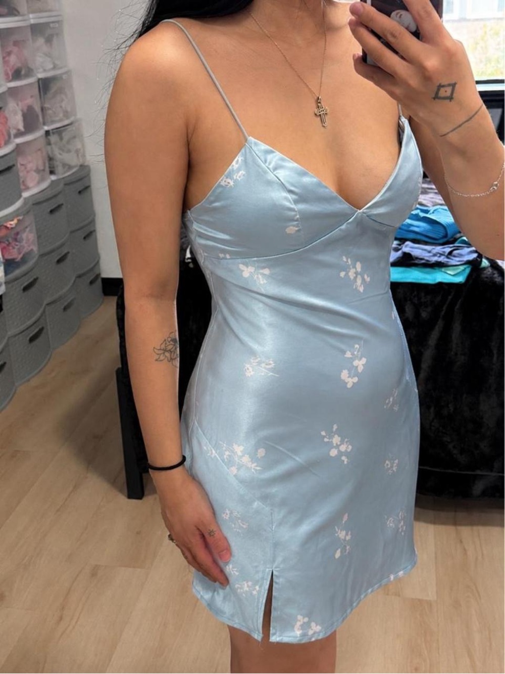 Princess Polly White Satin Dress with Light Blue Trim